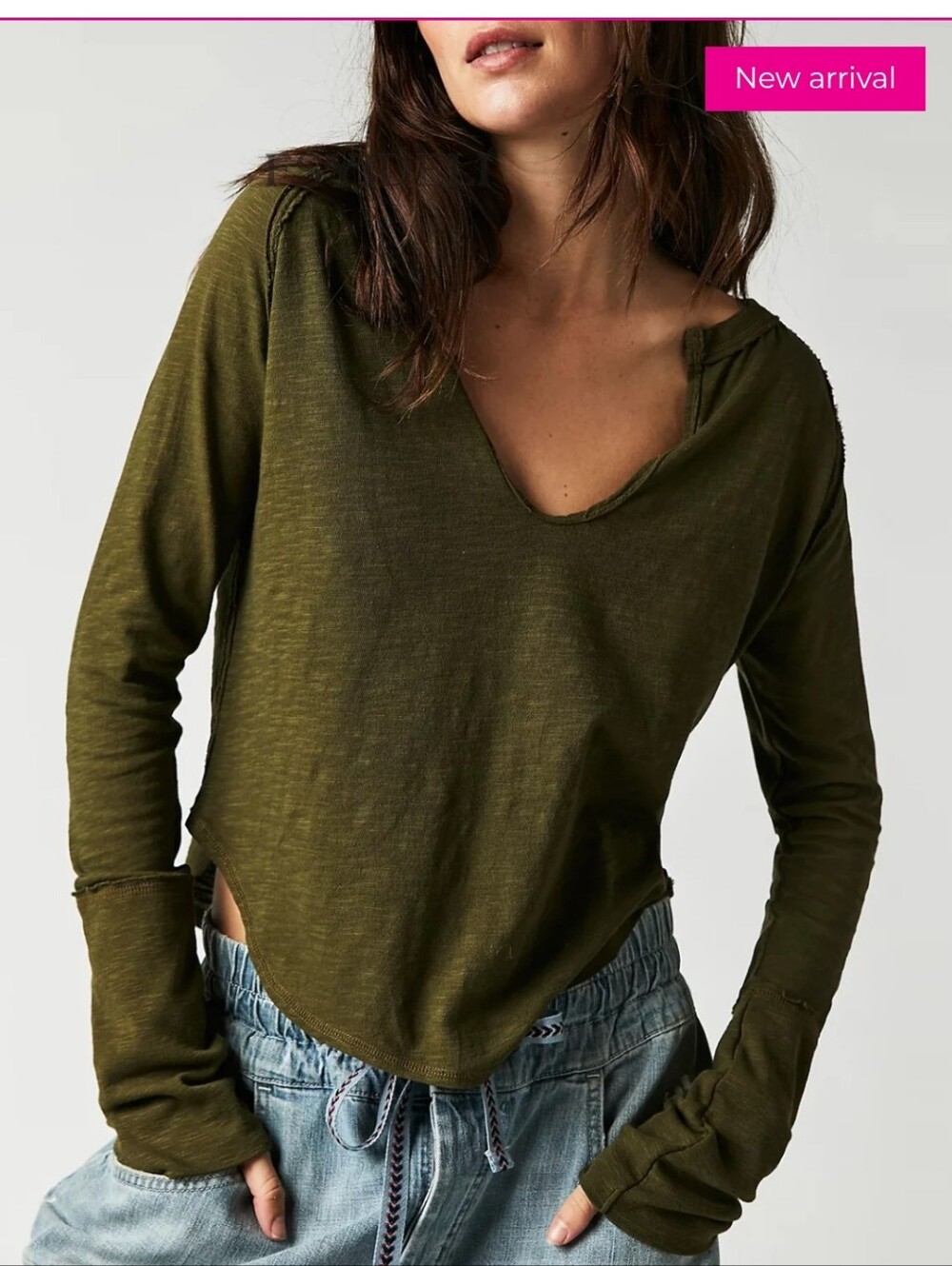 We The Free Free People NWT Notched Neck Top, Olive Green Size Medium